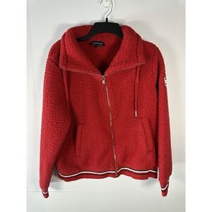 Tommy Hilfiger Sherpa Jacket Womens Medium Red Y2K Fluffy Fleece Big Logo